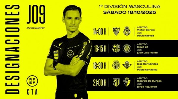 西甲第9轮部分裁判    安排:赫苏斯-吉尔执法巴萨,布尔果斯主裁马竞